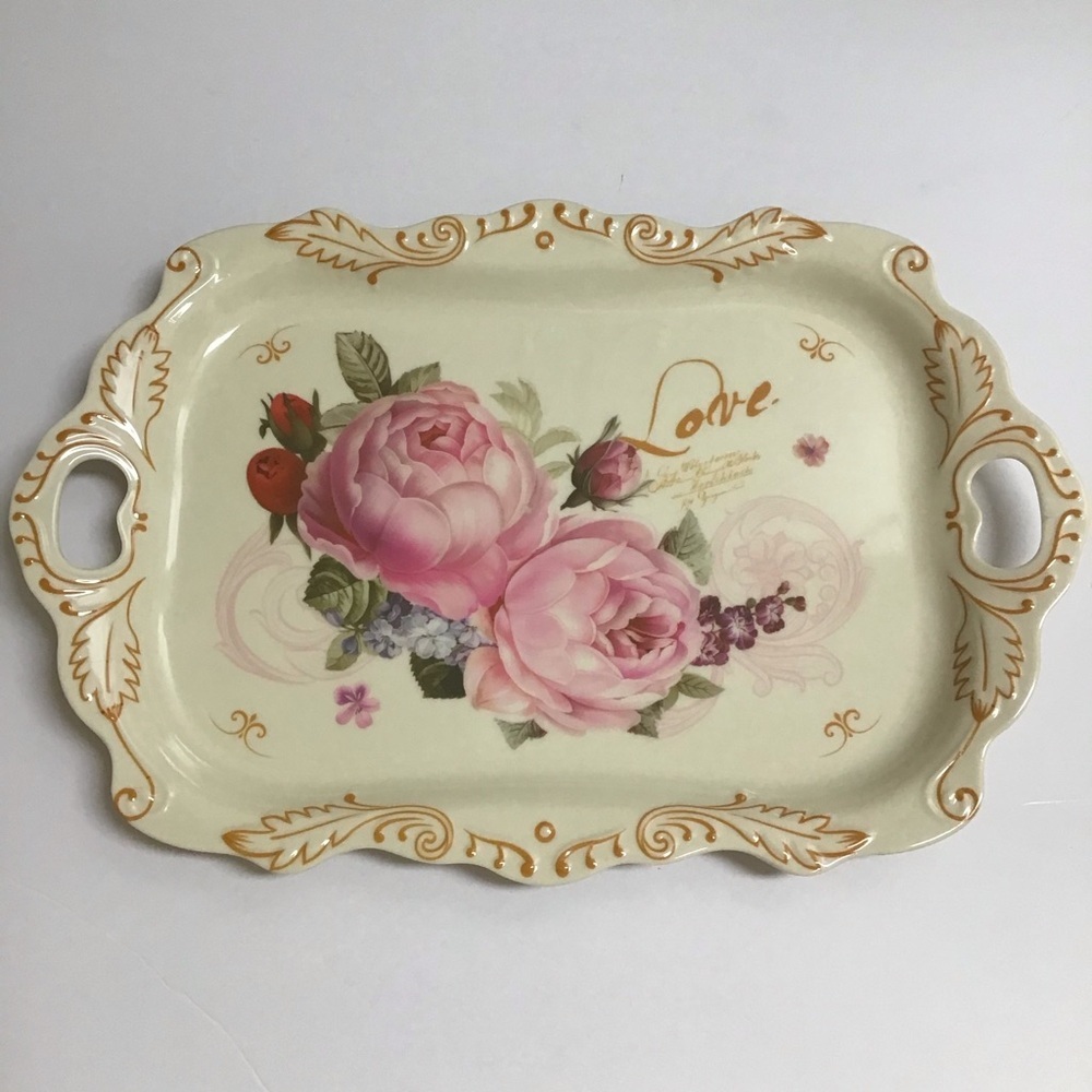 LAST 1! Floral Serving Tray Melamine Handles Cream Pink Peonies Tea Vanity NEW - Picture 2 of 14